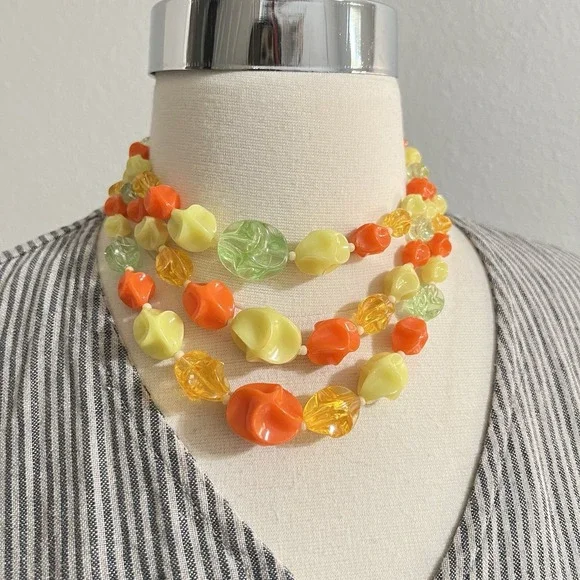 Retro 1960s Colorful West German Vintage Beads Multi Strand Yellow Orange Green - Picture 7 of 8